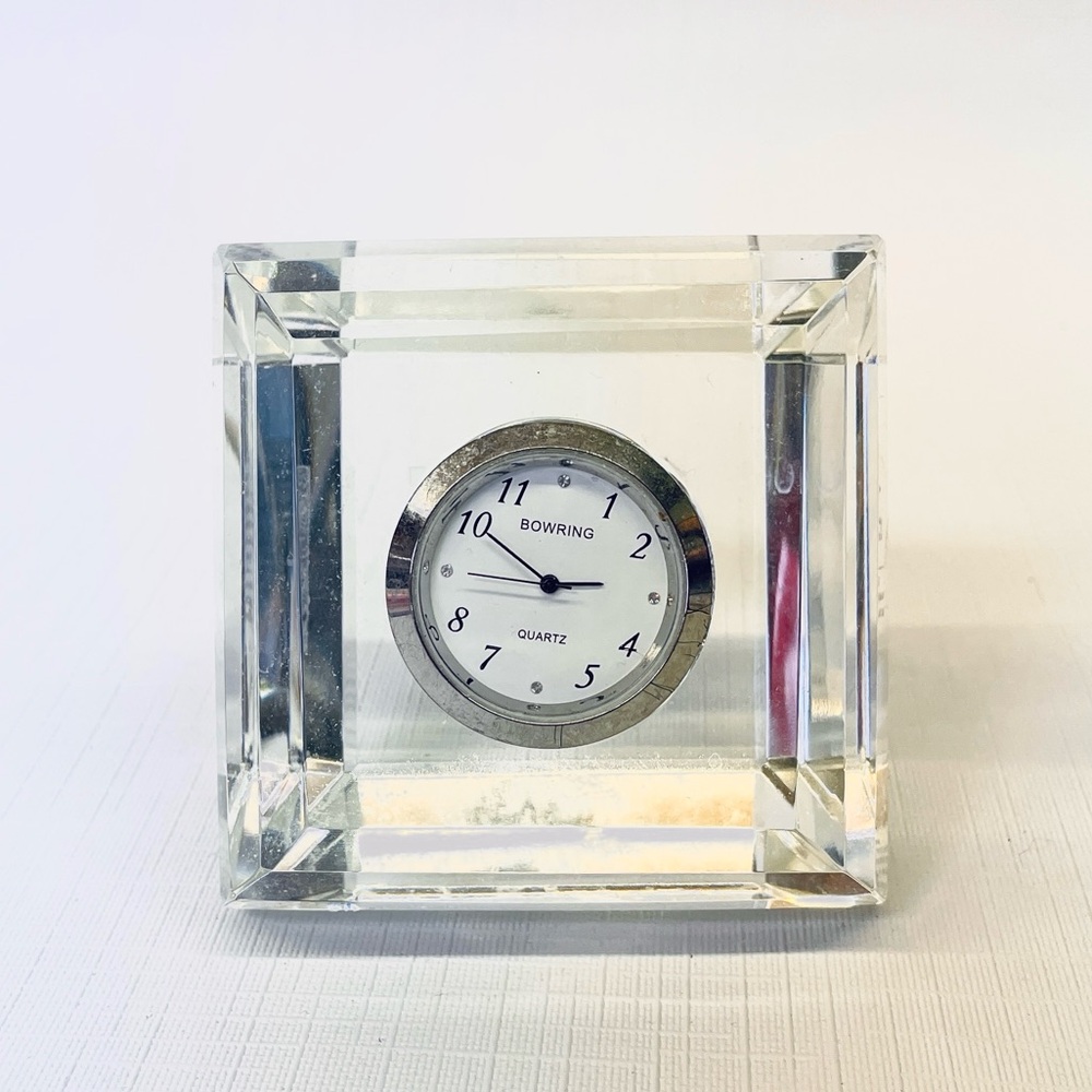 Y2K BOWRING Crystal Desk Clock Faceted Glass Quiet Luxury Modern Minimalist FLAW